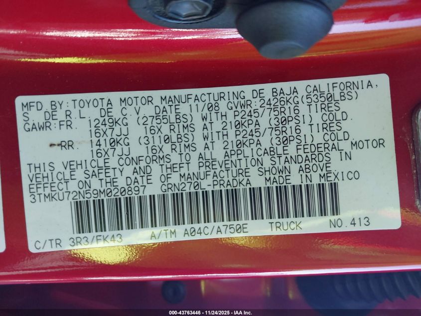 2009 Toyota Tacoma Prerunner V6 VIN: 3TMKU72N59M020897 Lot: 43763446