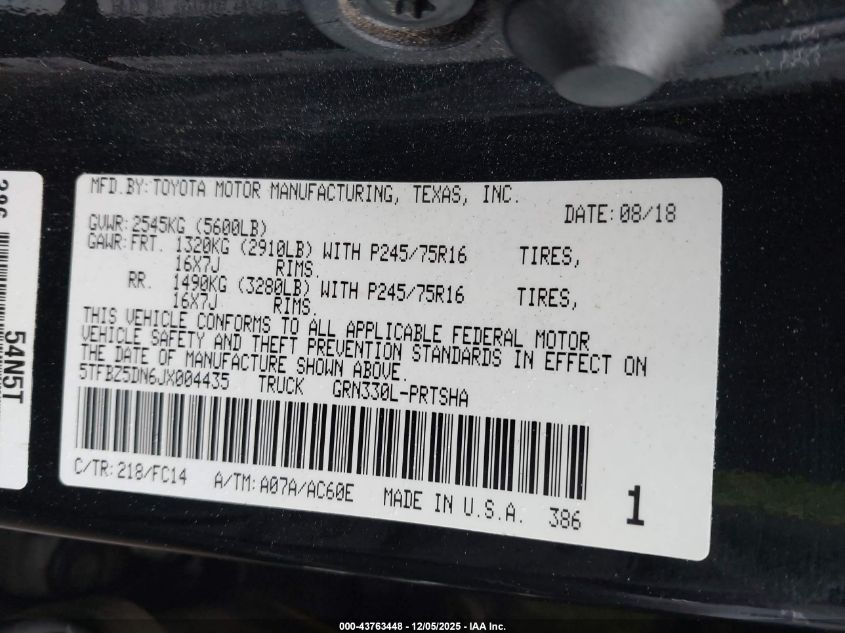 2018 Toyota Tacoma Sr5 VIN: 5TFBZ5DN6JX004435 Lot: 43763448