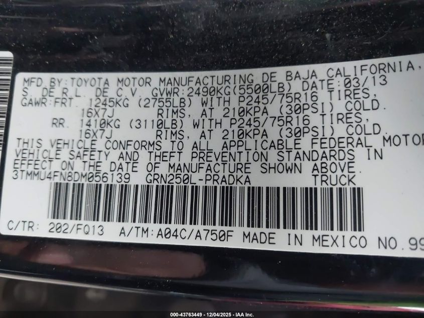 2013 Toyota Tacoma Base V6 VIN: 3TMMU4FN8DM056139 Lot: 43763449