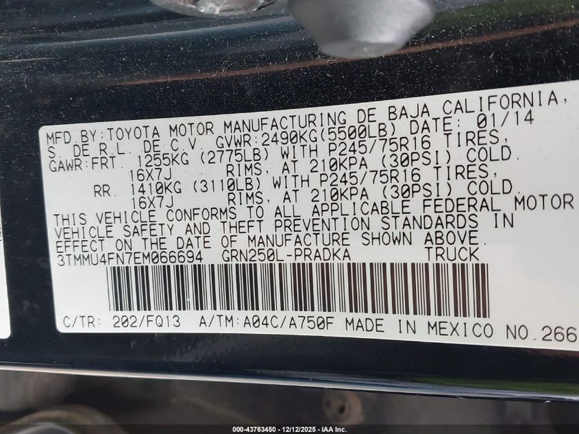 2014 Toyota Tacoma Base V6 VIN: 3TMMU4FN7EM066694 Lot: 43763450