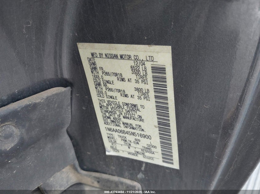 2005 Nissan Titan Se VIN: 1N6AA06B45N516900 Lot: 43763454