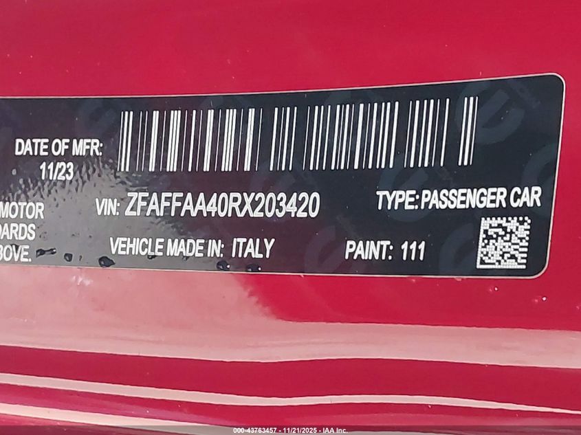 2024 Fiat 500E Inspi(Red) Fwd VIN: ZFAFFAA40RX203420 Lot: 43763457