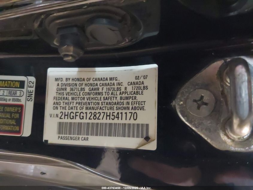 2007 Honda Civic Ex VIN: 2HGFG12827H541170 Lot: 43763458