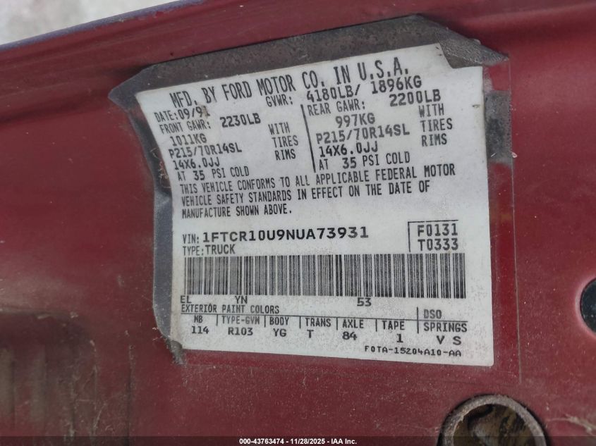 1992 Ford Ranger VIN: 1FTCR10U9NUA73931 Lot: 43763474