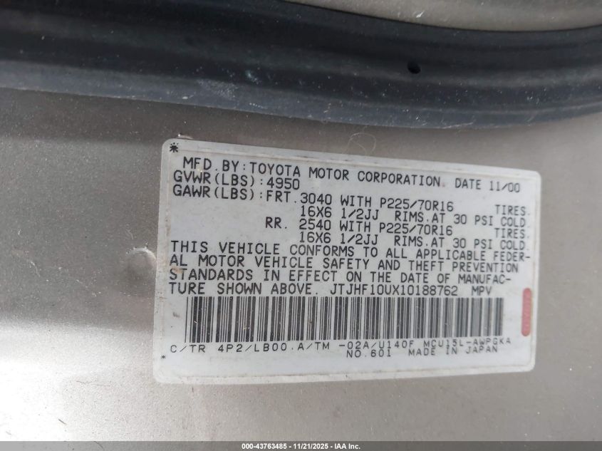 2001 Lexus Rx 300 VIN: JTJHF10UX10188762 Lot: 43763485