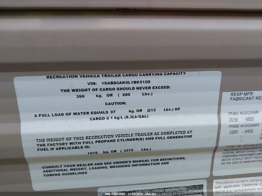 2020 Starcraft Other VIN: 1SABS0AK9L1BK5108 Lot: 43763488