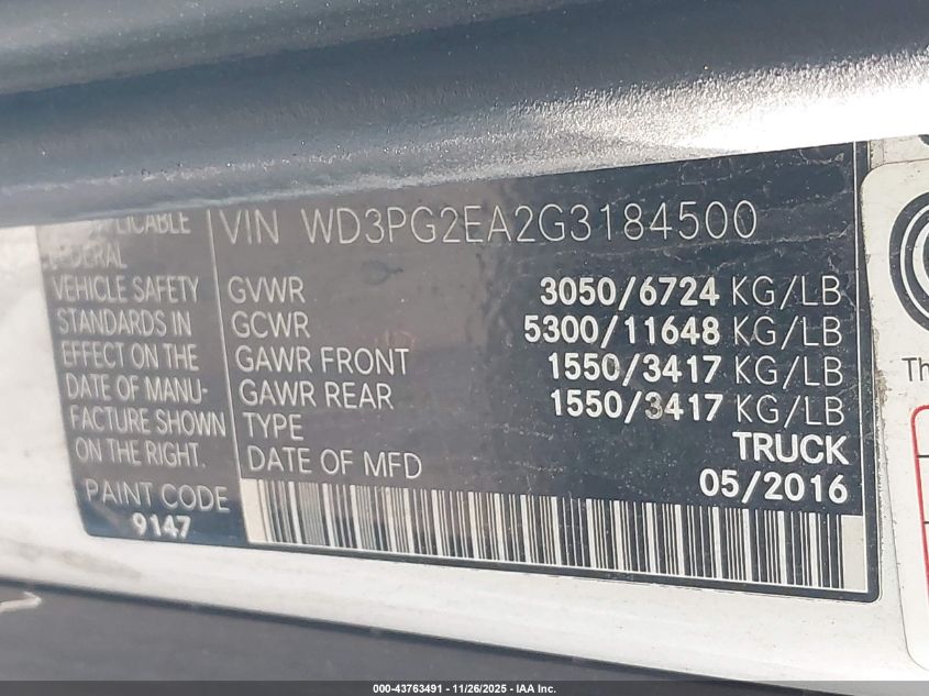 2016 Mercedes-Benz Metris VIN: WD3PG2EA2G3184500 Lot: 43763491