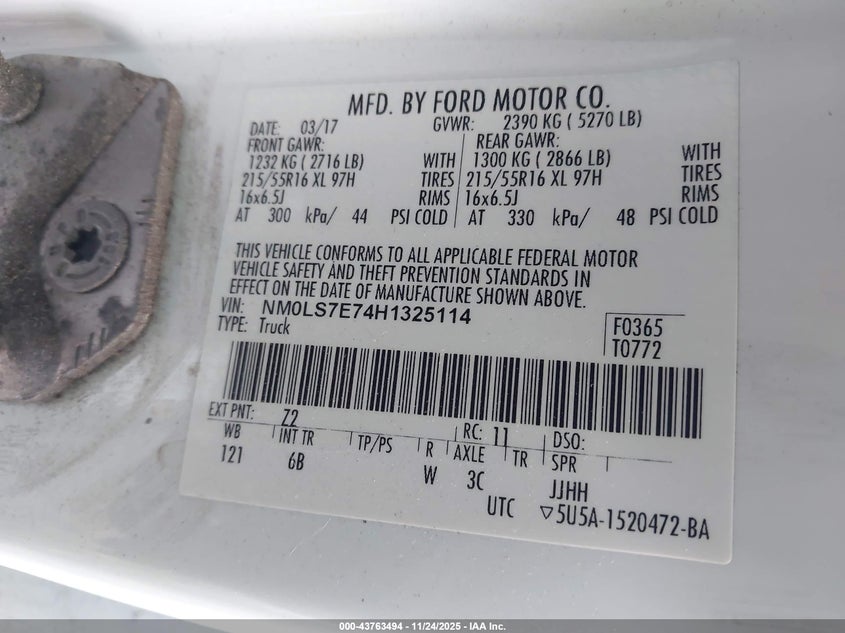 2017 Ford Transit Connect Xl VIN: NM0LS7E74H1325114 Lot: 43763494