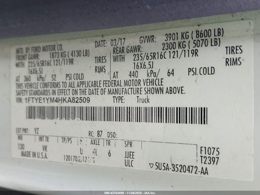 2017 Ford Transit-150 VIN: 1FTYE1YM4HKA82509 Lot: 43763496