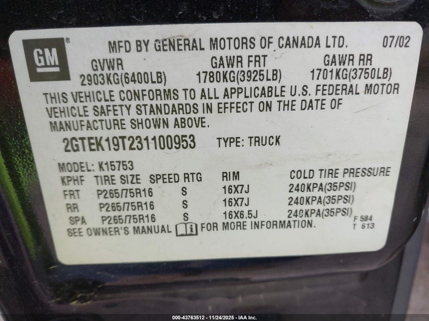2003 GMC Sierra 1500 Sle VIN: 2GTEK19T231100953 Lot: 43763512