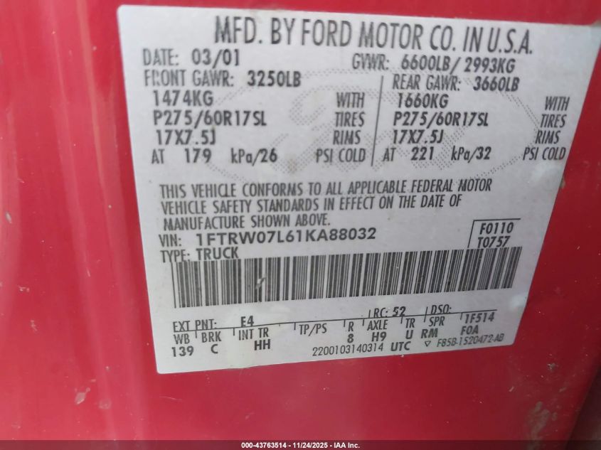 2001 Ford F-150 Harley-Davidson Edition/King Ranch Edition/Lariat/Xlt VIN: 1FTRW07L61KA88032 Lot: 43763514
