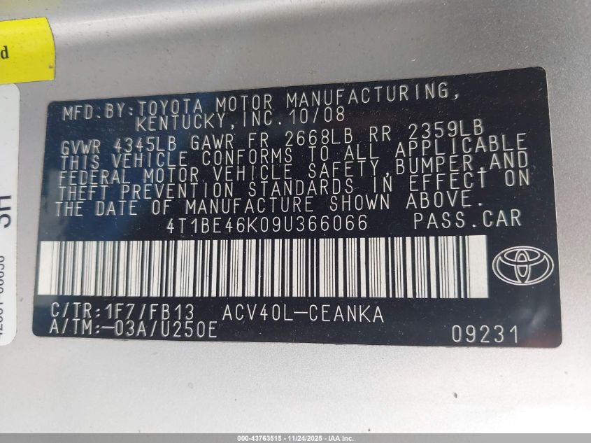 2009 Toyota Camry Le VIN: 4T1BE46K09U366066 Lot: 43763515