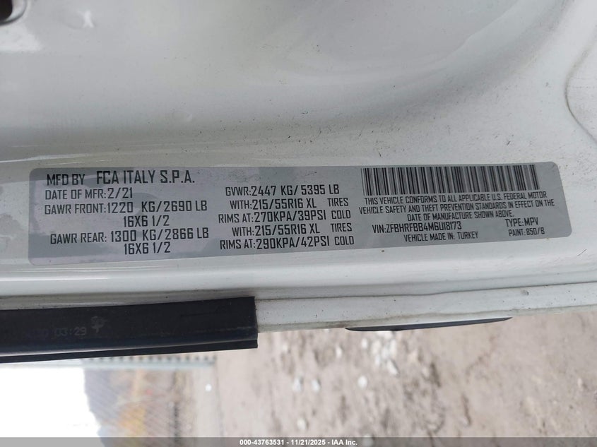 2021 Ram Promaster City Tradesman Slt VIN: ZFBHRFBB4M6U18173 Lot: 43763531