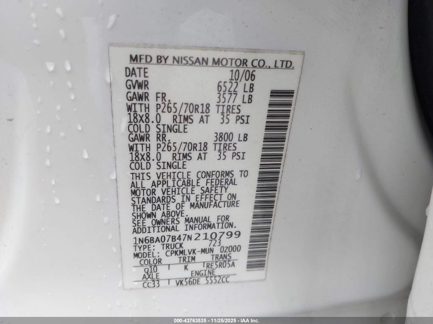 2007 Nissan Titan Le VIN: 1N6BA07B47N210799 Lot: 43763535