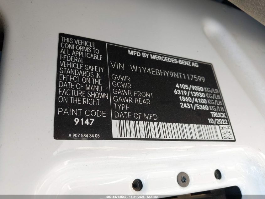 2022 Mercedes-Benz Sprinter 2500 Standard Roof V6 VIN: W1Y4EBHY9NT117599 Lot: 43763542