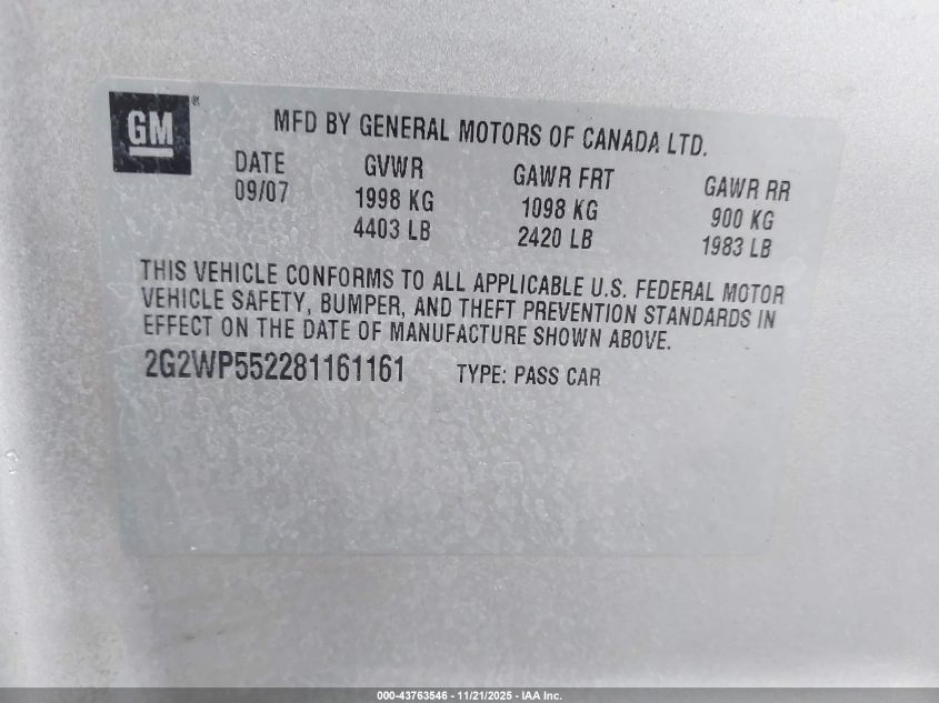 2008 Pontiac Grand Prix VIN: 2G2WP552281161161 Lot: 43763546