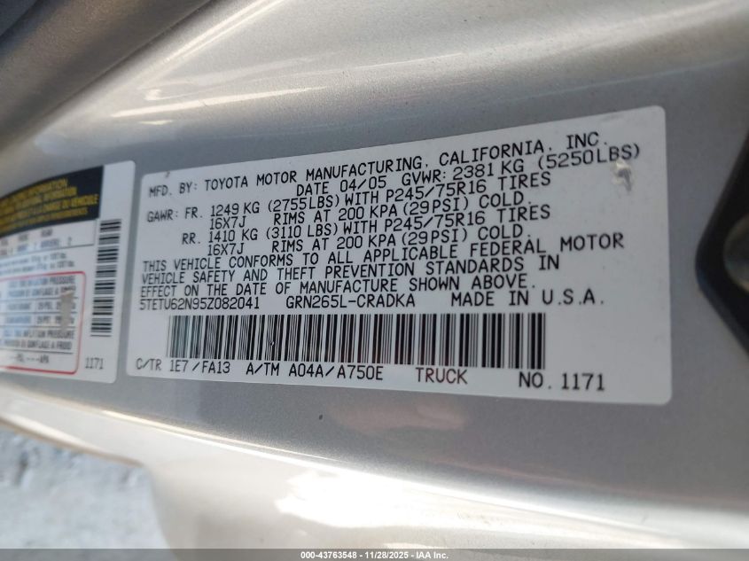 2005 Toyota Tacoma Prerunner V6 VIN: 5TETU62N95Z082041 Lot: 43763548