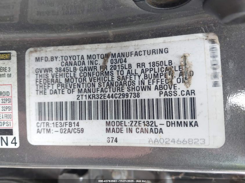 2004 Toyota Matrix Xr VIN: 2T1KR32E44C299738 Lot: 43763563