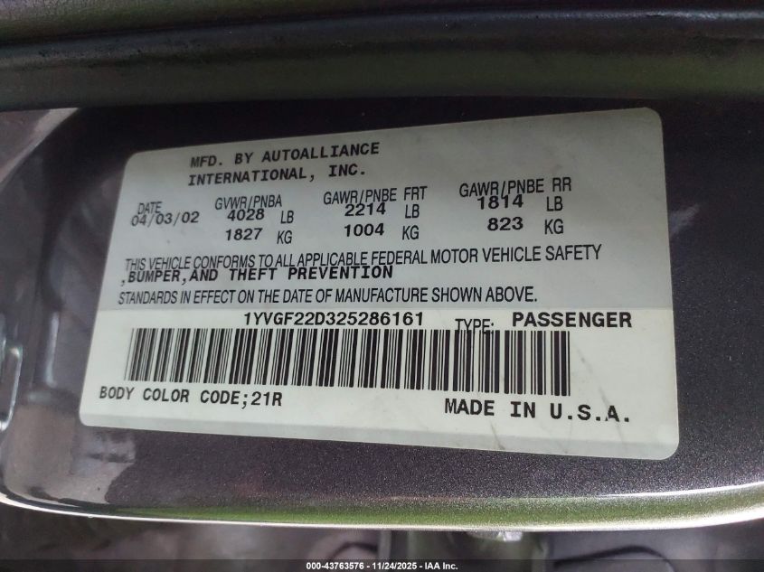 2002 Mazda 626 Es V6/Lx V6 VIN: 1YVGF22D325286161 Lot: 43763576