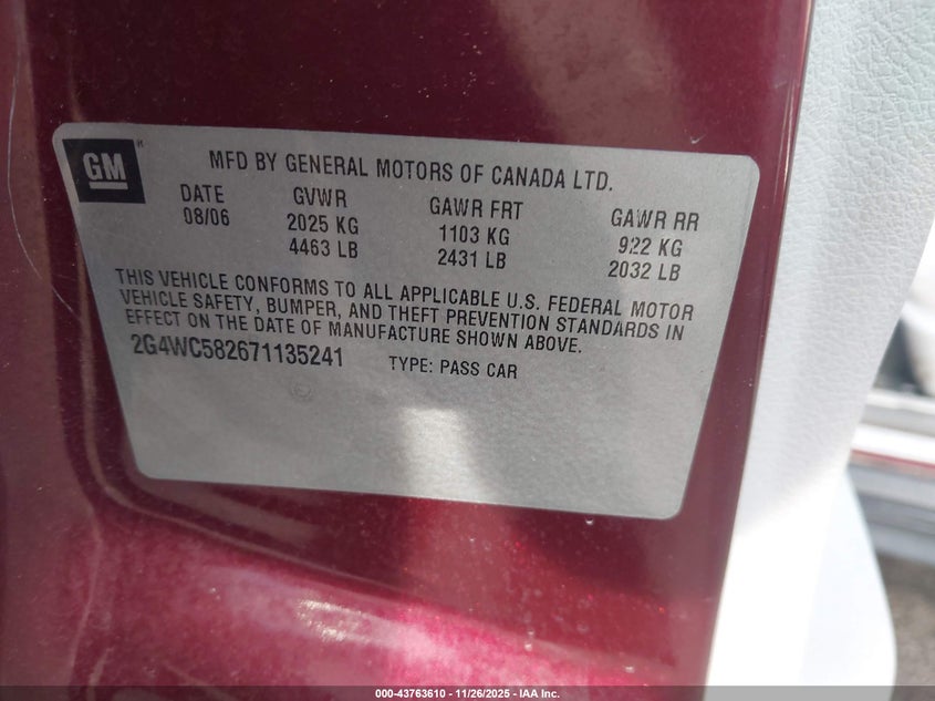 2007 Buick Lacrosse Cx VIN: 2G4WC582671135241 Lot: 43763610