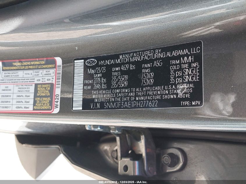 2023 Hyundai Tucson Sel VIN: 5NMJF3AE1PH277622 Lot: 43763618