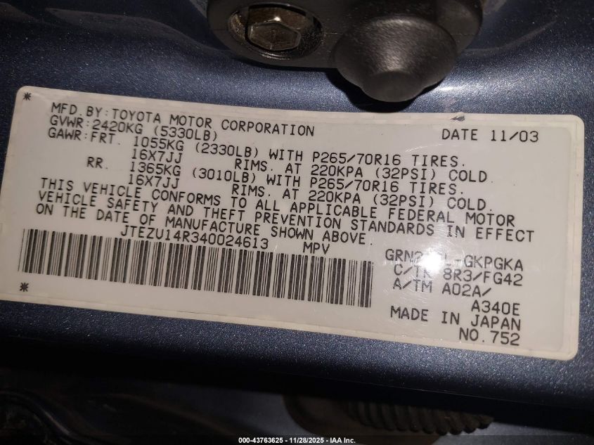 2004 Toyota 4Runner Sr5 V6 VIN: JTEZU14R340024613 Lot: 43763625