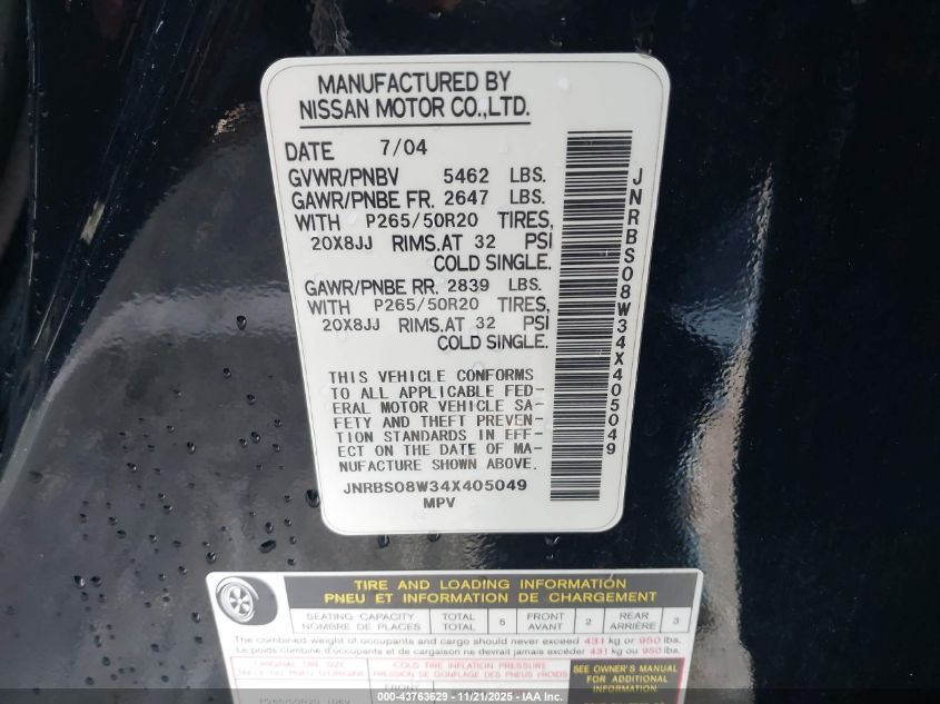 2004 Infiniti Fx45 VIN: JNRBS08W34X405049 Lot: 43763629