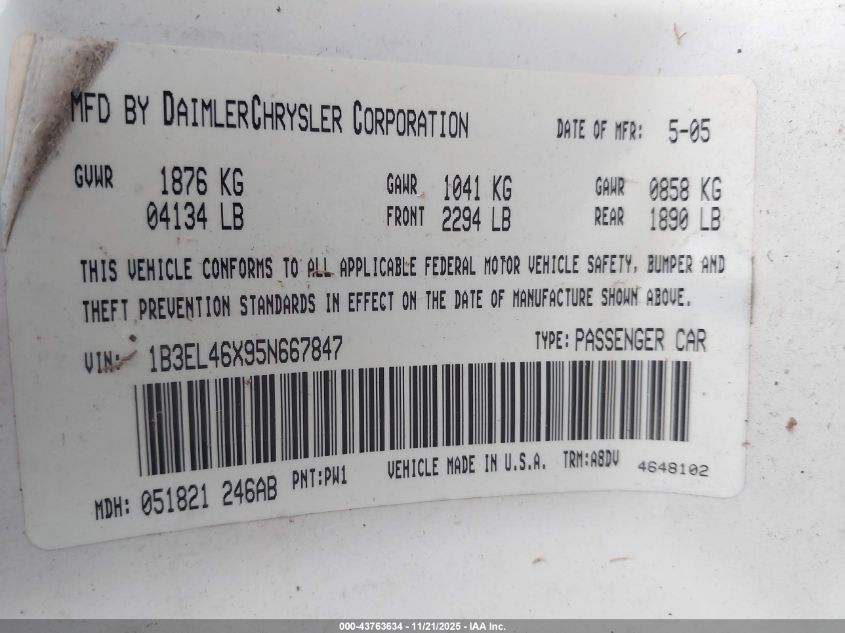 2005 Dodge Stratus VIN: IB3EL46X95N667847 Lot: 43763634