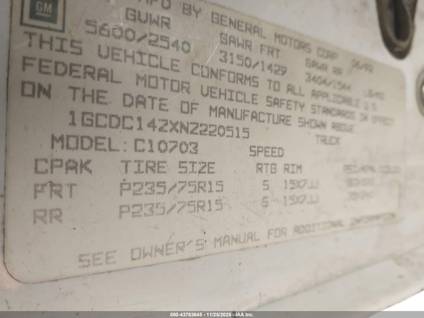 1992 Chevrolet Gmt-400 C1500 VIN: 1GCDC14ZXNZ220515 Lot: 43763645