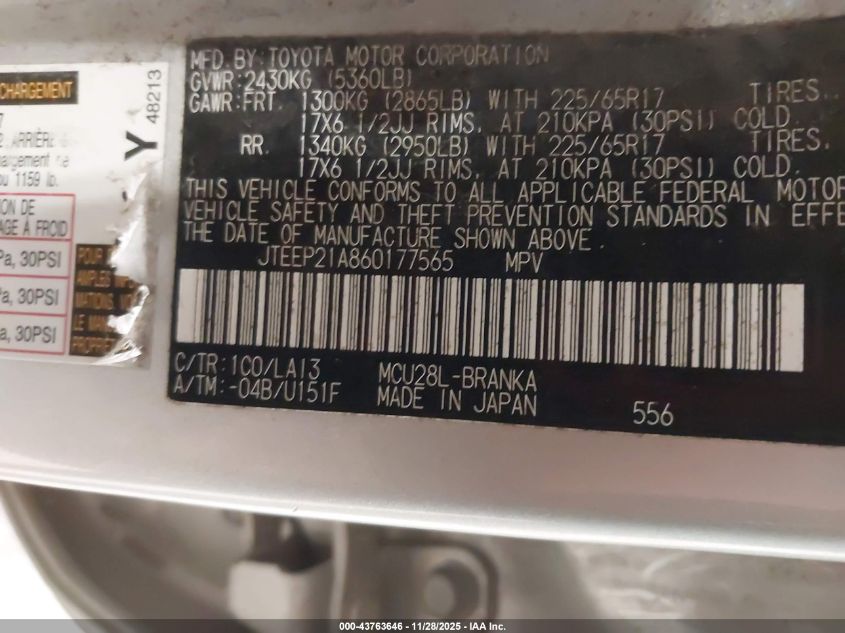 2006 Toyota Highlander Sport V6 VIN: JTEEP21A860177565 Lot: 43763646