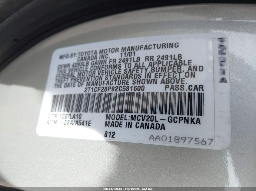 2002 Toyota Camry Solara Sle V6 VIN: 2T1CF28P92C581600 Lot: 43763648