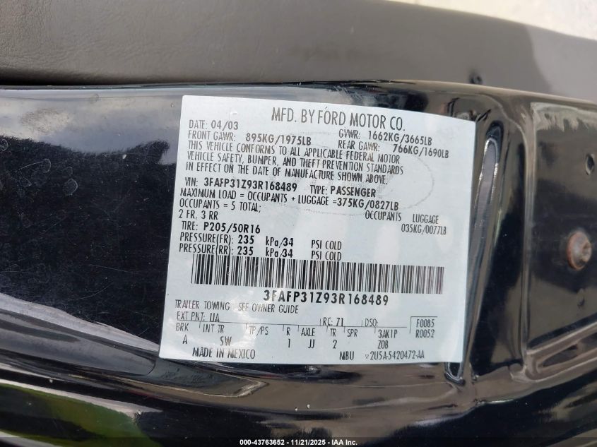 2003 Ford Focus Zx3 VIN: 3FAFP31Z93R168489 Lot: 43763652