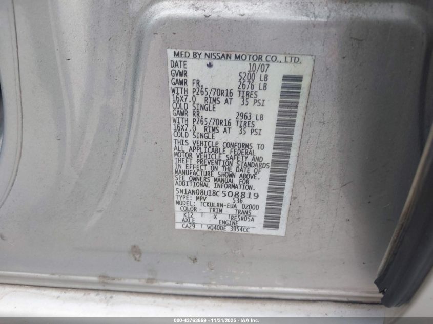 2008 Nissan Xterra S VIN: 5N1AN08U18C508819 Lot: 43763669