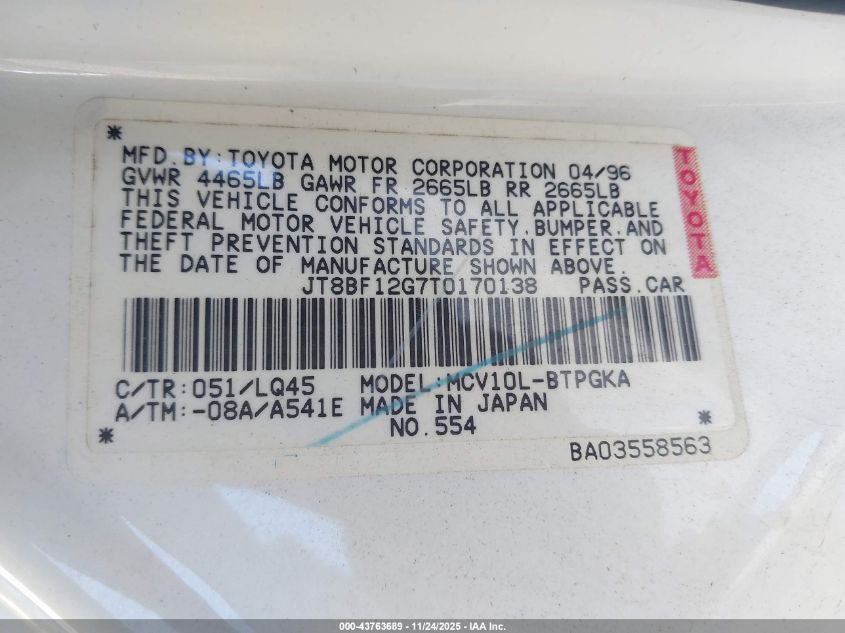 1996 Lexus Es 300 VIN: JT8BF12G7T0170138 Lot: 43763689