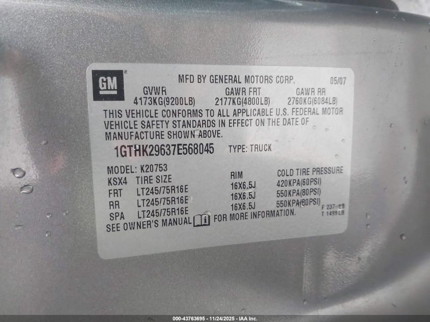 2007 GMC Sierra 2500Hd Sle1 VIN: 1GTHK29637E568045 Lot: 43763695