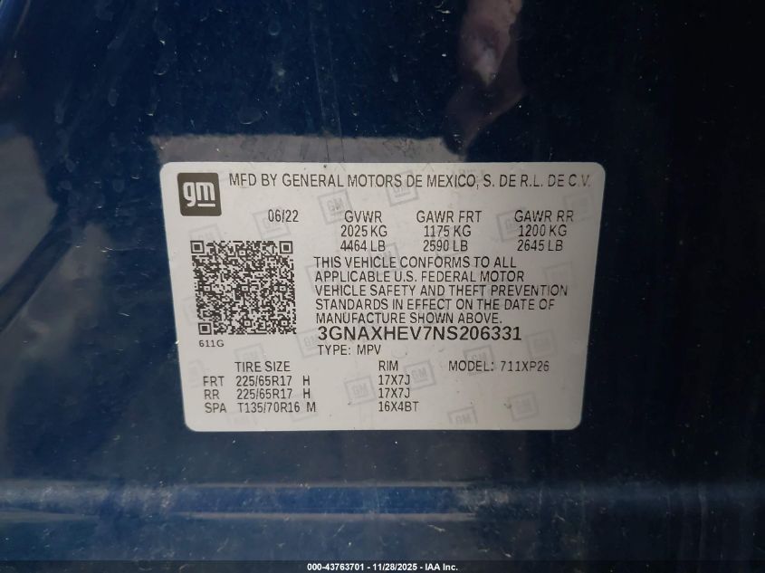 2022 Chevrolet Equinox Fwd Ls VIN: 3GNAXHEV7NS206331 Lot: 43763701