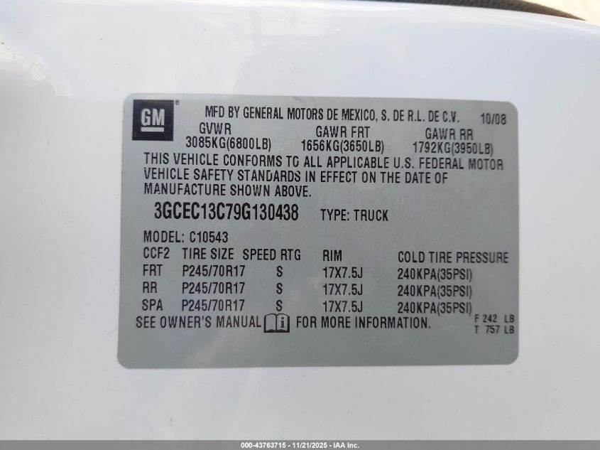 2009 Chevrolet Silverado 1500 Ls VIN: 3GCEC13C79G130438 Lot: 43763715