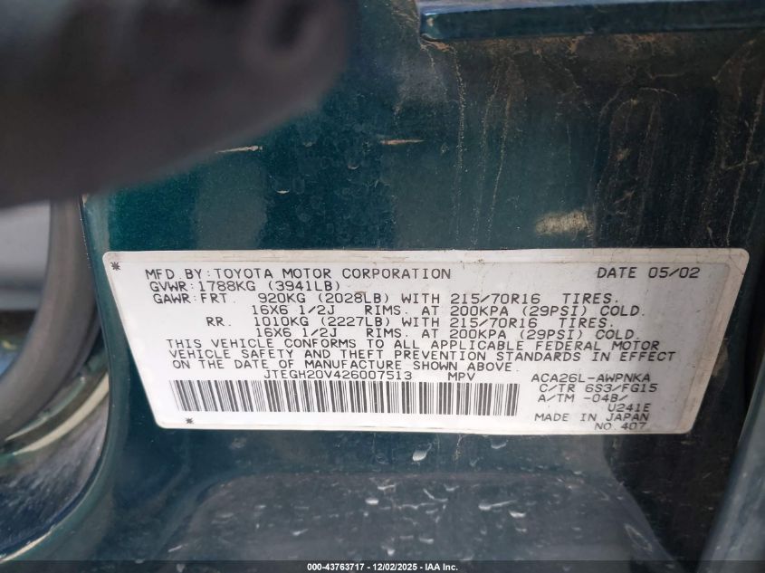 2002 Toyota Rav4 VIN: JTEGH20V426007513 Lot: 43763717