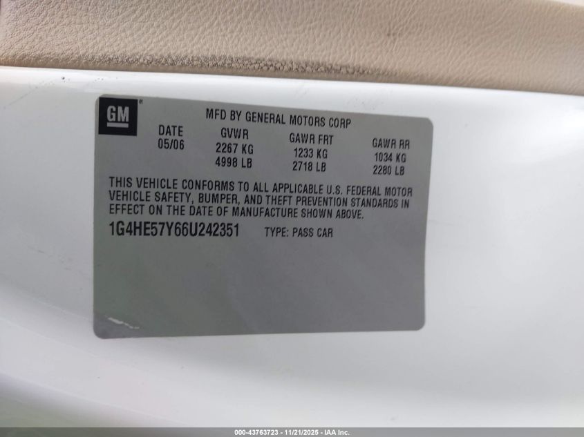 2006 Buick Lucerne Cxs VIN: 1G4HE57Y66U242351 Lot: 43763723