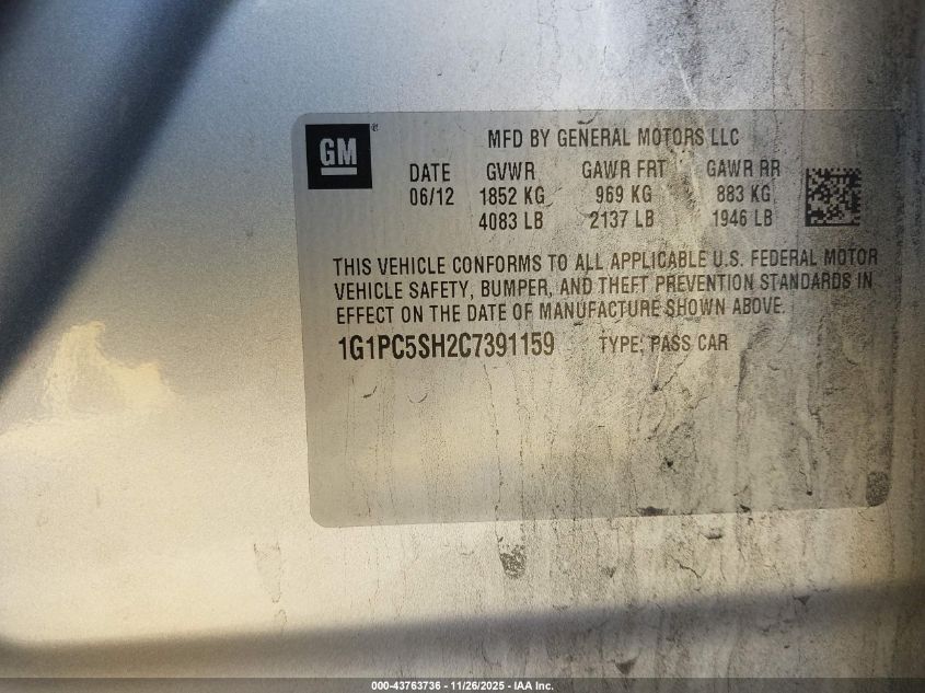 2012 Chevrolet Cruze Ls VIN: 1G1PC5SH2C7391159 Lot: 43763736