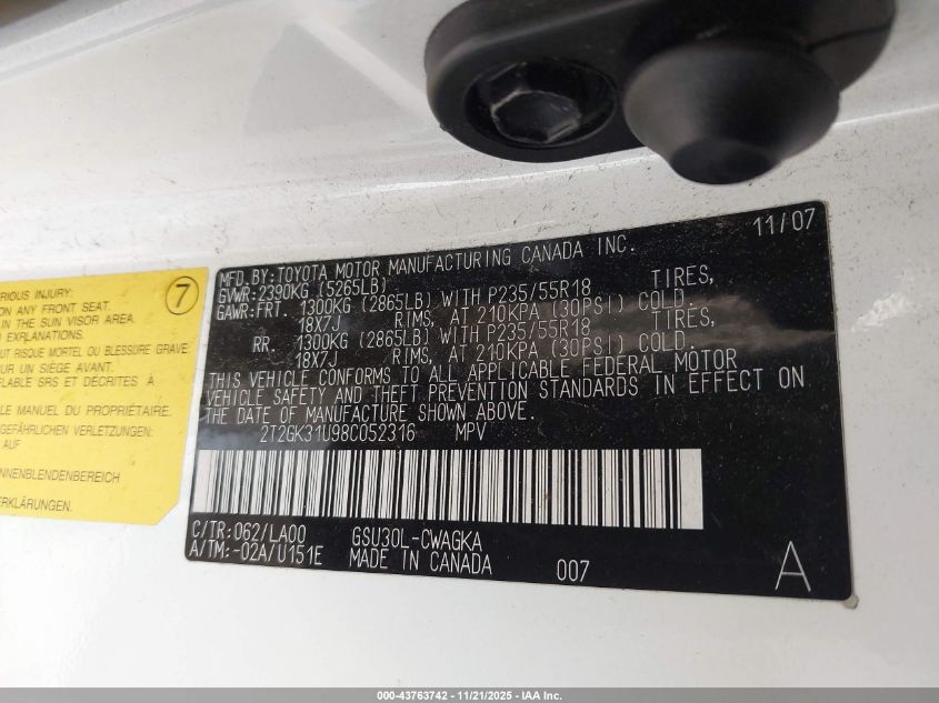 2008 Lexus Rx 350 VIN: 2T2GK31U98C052316 Lot: 43763742