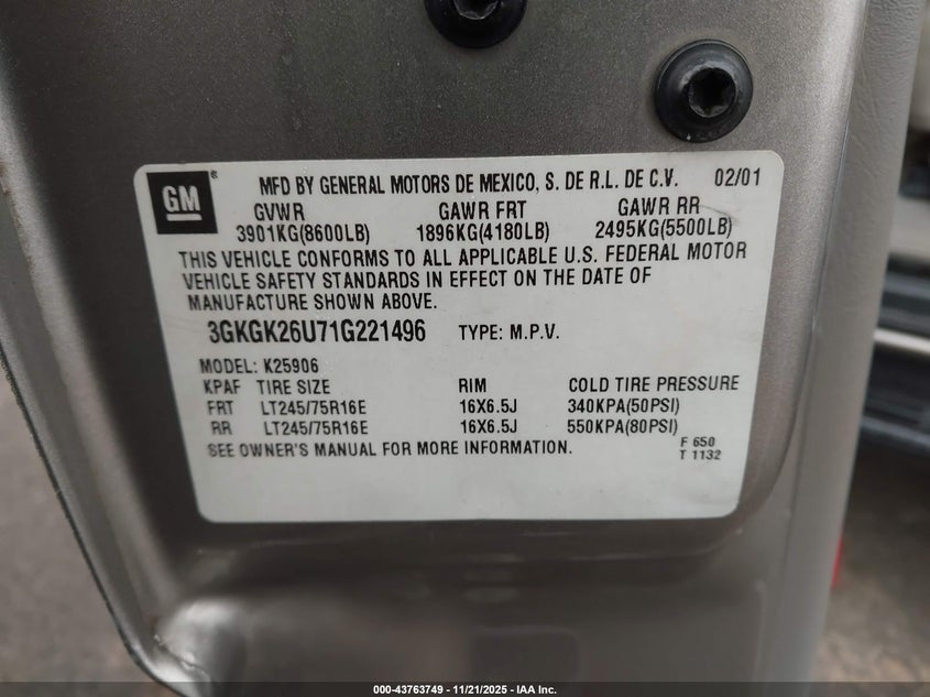 2001 GMC Yukon Xl 2500 Slt VIN: 3GKGK26U71G221496 Lot: 43763749