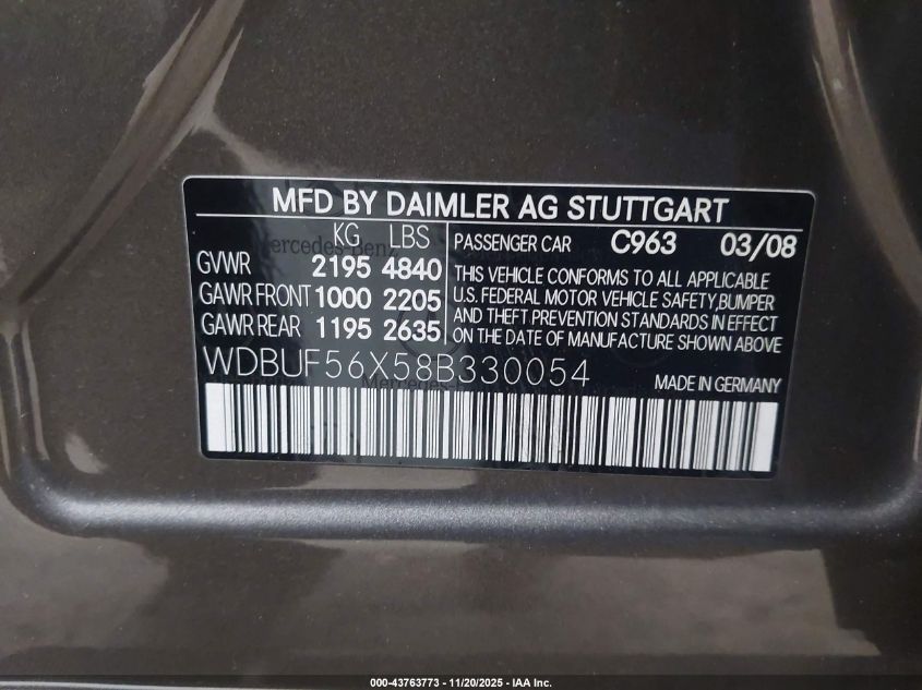 2008 Mercedes-Benz E 350 VIN: WDBUF56X58B330054 Lot: 43763773