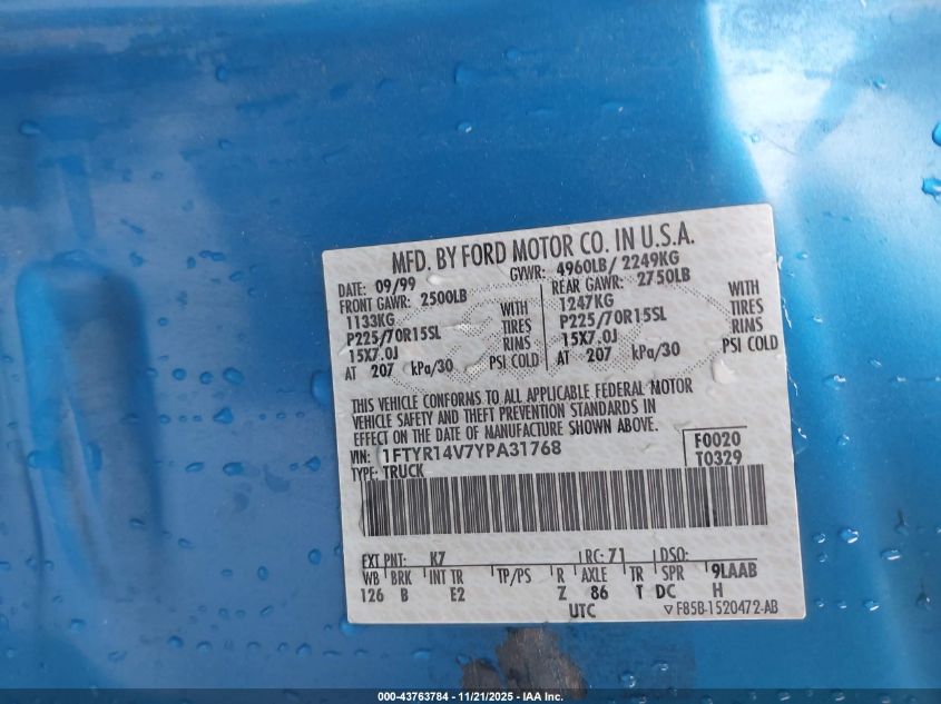 2000 Ford Ranger Xl/Xlt VIN: 1FTYR14V7YPA31768 Lot: 43763784