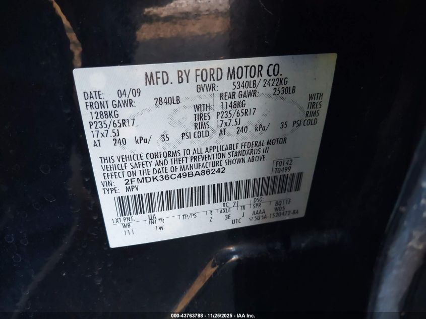 2009 Ford Edge Se VIN: 2FMDK36C49BA86242 Lot: 43763788