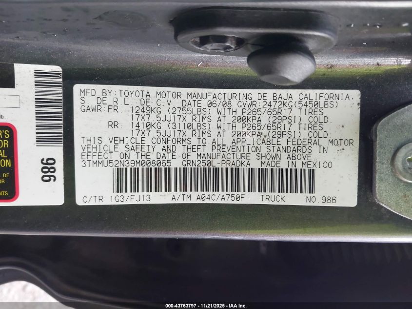 2009 Toyota Tacoma Base V6 VIN: 3TMMU52N39M008065 Lot: 43763797