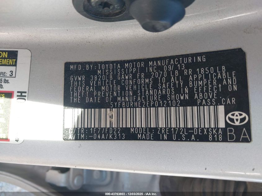 2014 Toyota Corolla S Plus VIN: 5YFBURHE2EP012102 Lot: 43763803