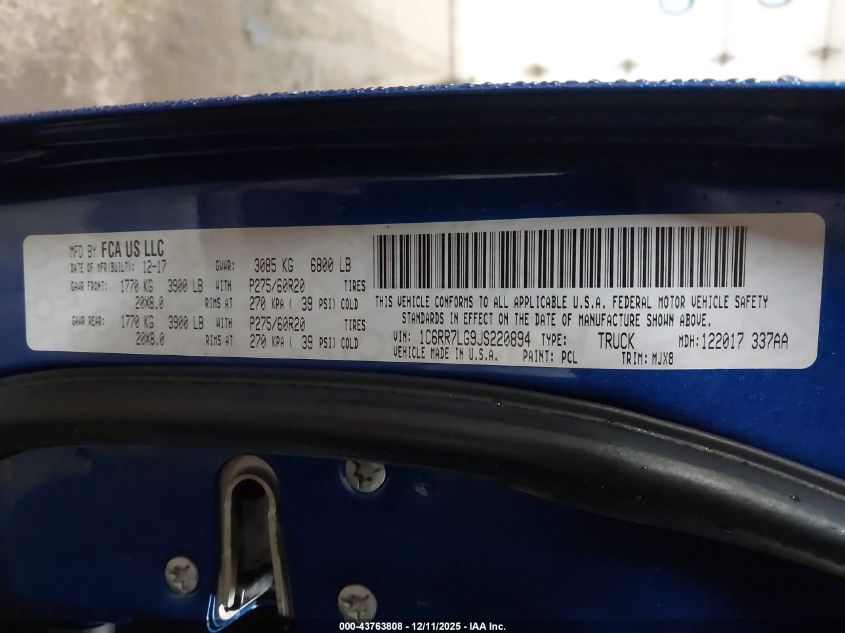 2018 Ram 1500 Big Horn 4X4 5'7 Box VIN: 1C6RR7LG9JS220894 Lot: 43763808