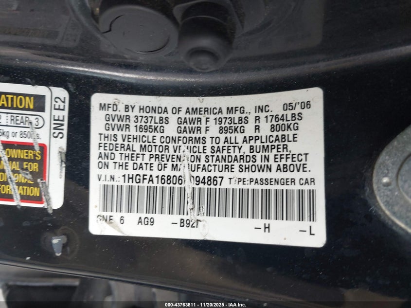 1HGFA16806L094867 2006 HONDA CIVIC photo no. 9