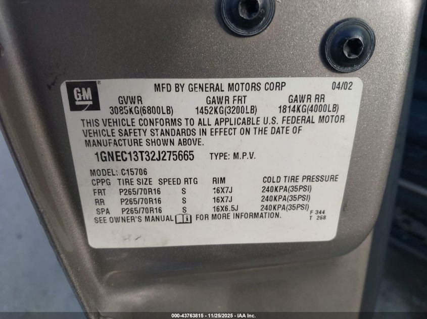 2002 Chevrolet Tahoe C1500 VIN: 1GNEC13T32J275665 Lot: 43763815